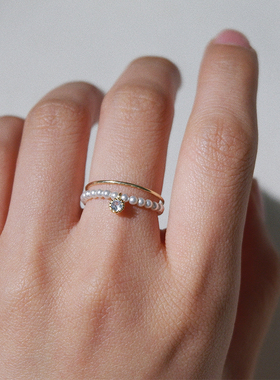 女水晶珍珠简约双层开口戒指