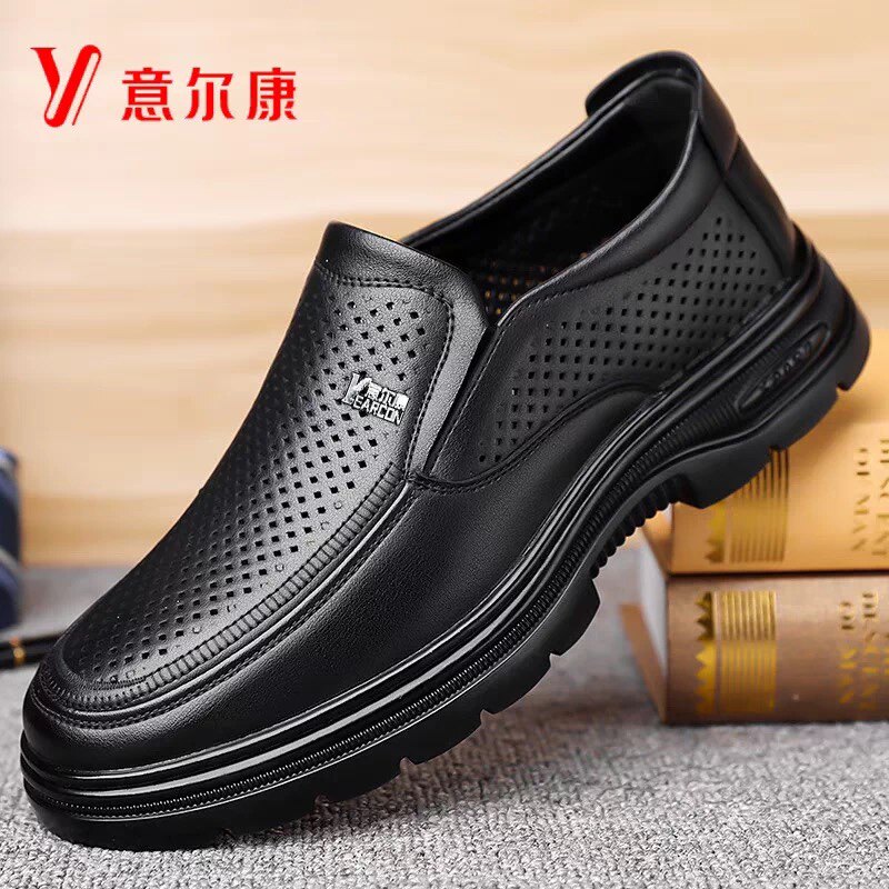 意尔康男士休闲鞋2025新款透气镂空洞洞鞋夏季真皮一脚蹬商务凉鞋