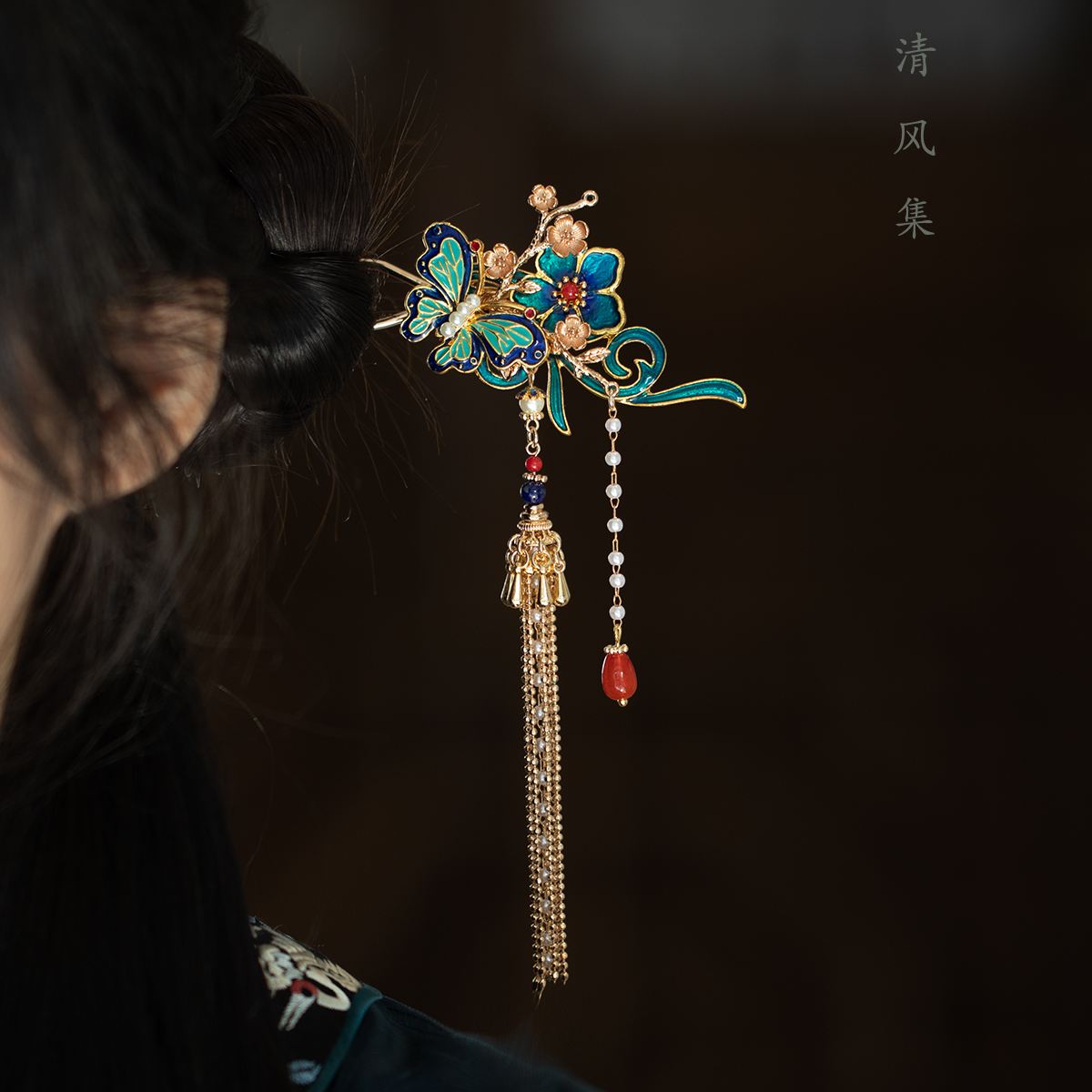 原创烧蓝蝴蝶发钗步摇流苏头饰