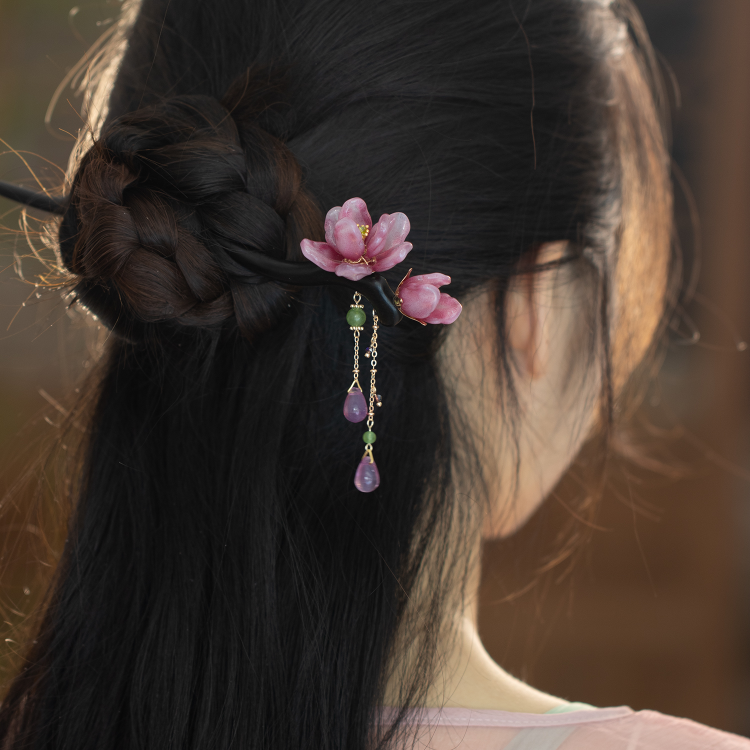 盘发檀木花朵发簪高级感