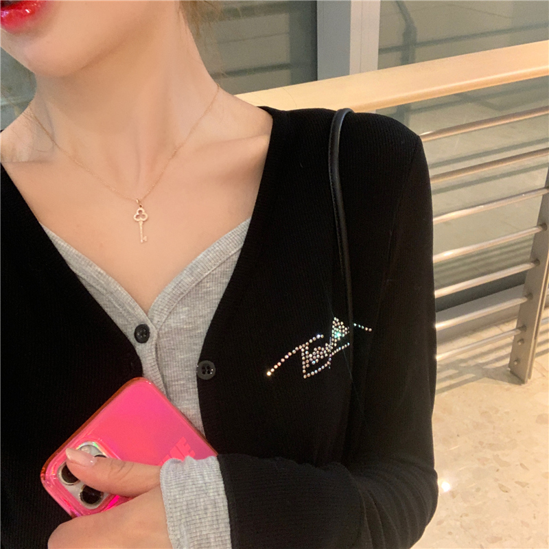 Real photo 2021 spring and autumn inlaid with diamond fake two knitted cardigan coat women's jacket