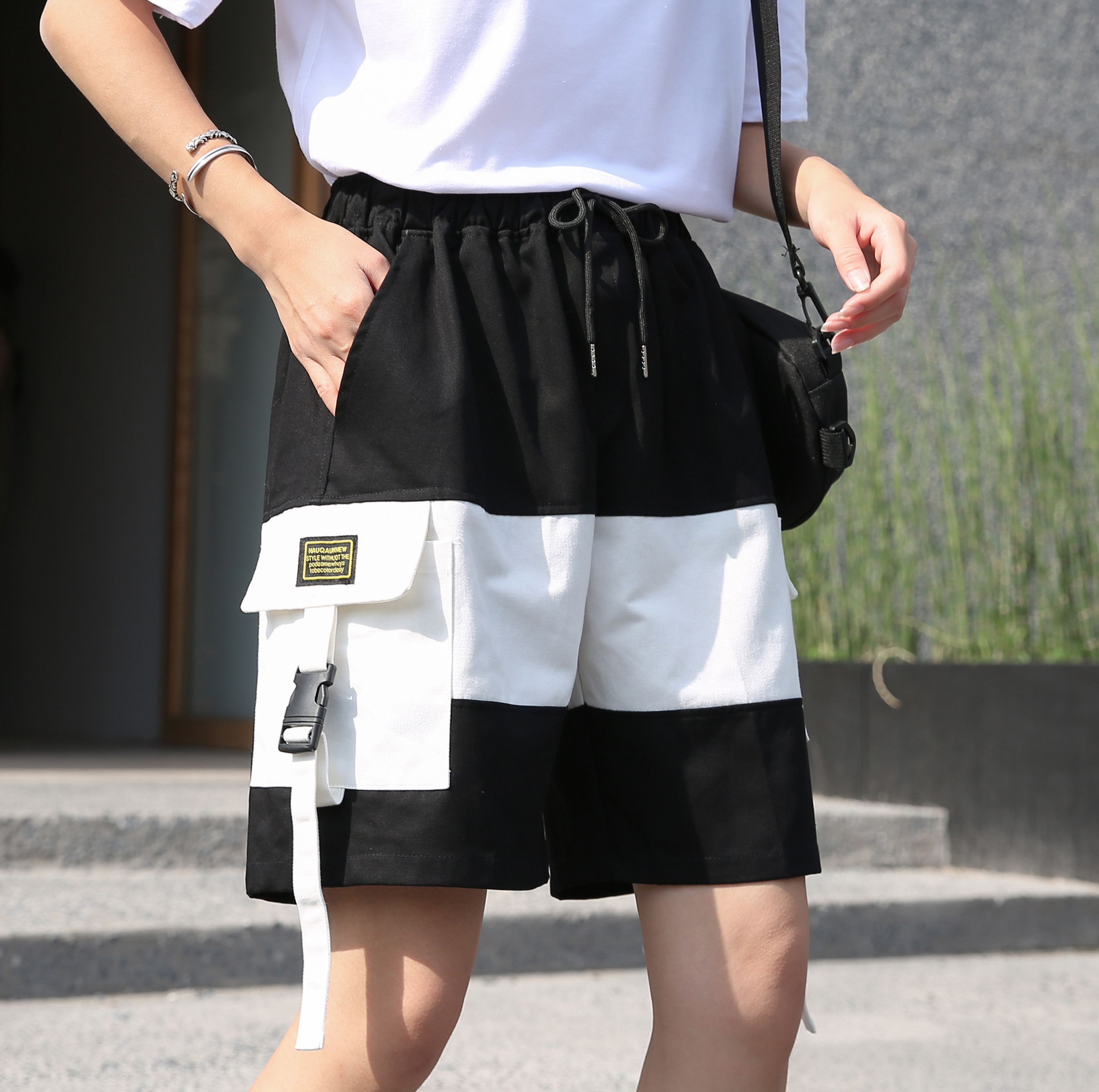 Real shot overalls shorts women's summer loose casual pants Hong Kong style sports pants stitched Capris