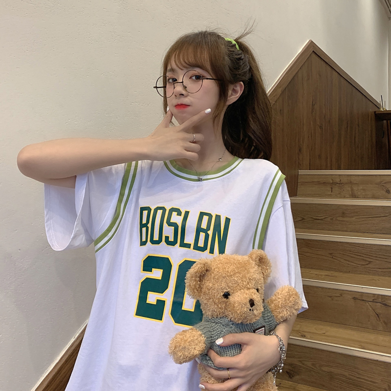 實拍 2021夏籃球服女寬鬆bf風中長款短袖t恤假兩件