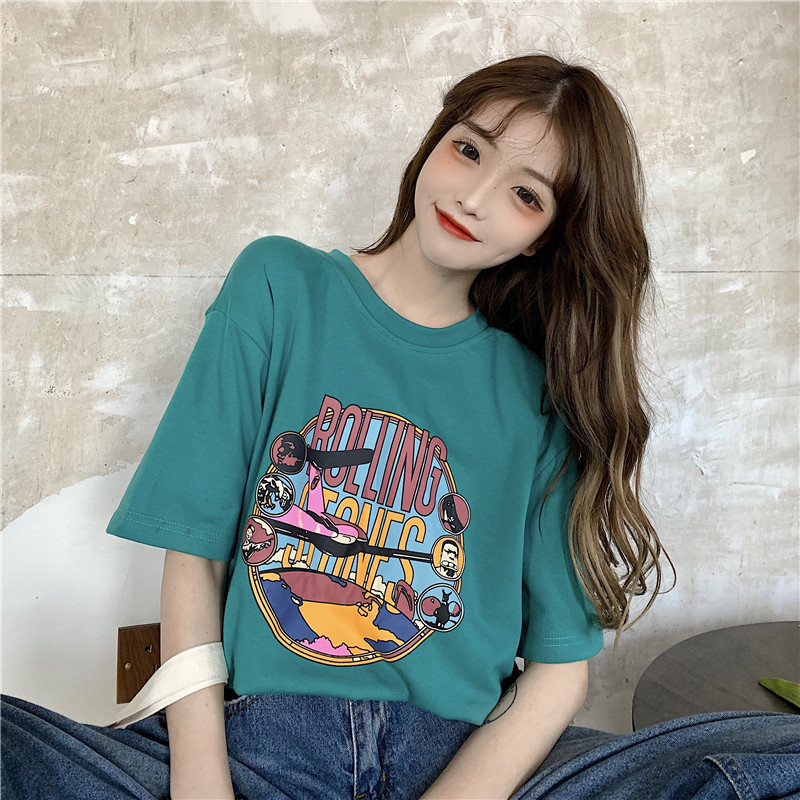 Real shot cotton 2021 cartoon print short sleeve summer casual T-shirt and half sleeve top