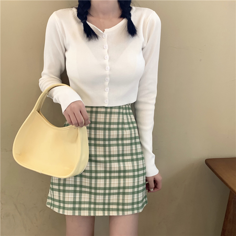 Real photo 2021 spring and autumn high waist short solid color T-shirt women's long sleeve T-shirt