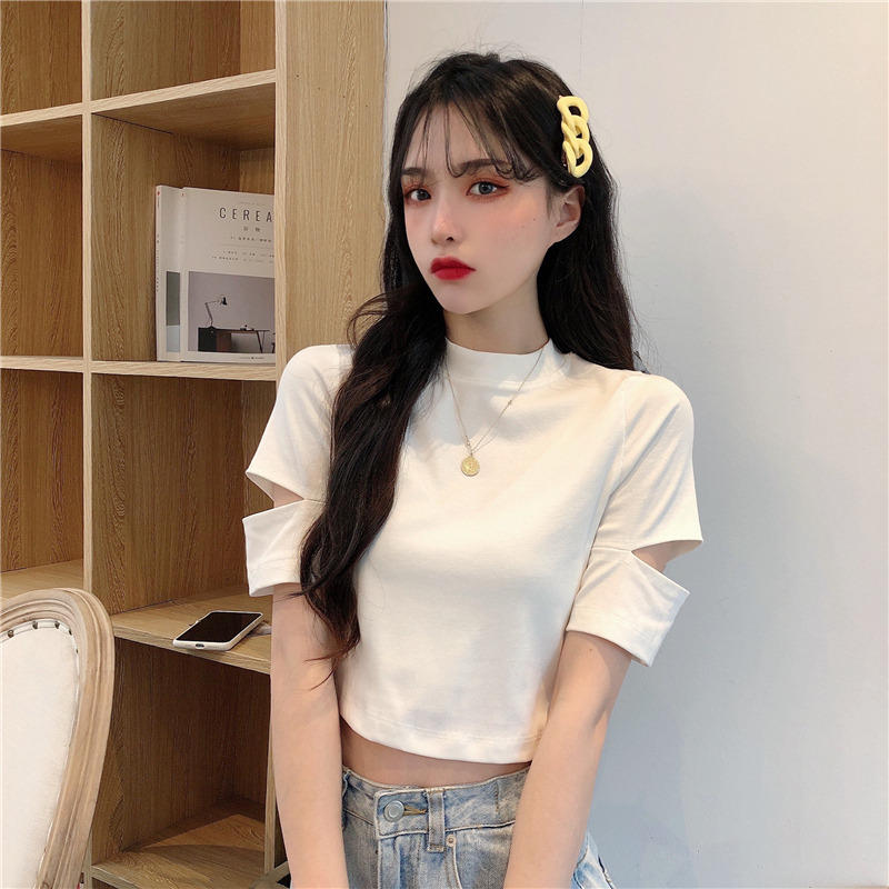 Real photo 2021 summer design feeling minority short T-shirt short sleeve hollow out high waist slim top