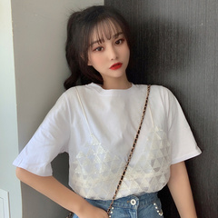 實拍 2021夏網紗亮片假兩件吊帶短袖t恤女ins潮韓版上衣