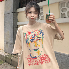 Real photo of 2021 summer retro figure print short sleeve T-shirt
