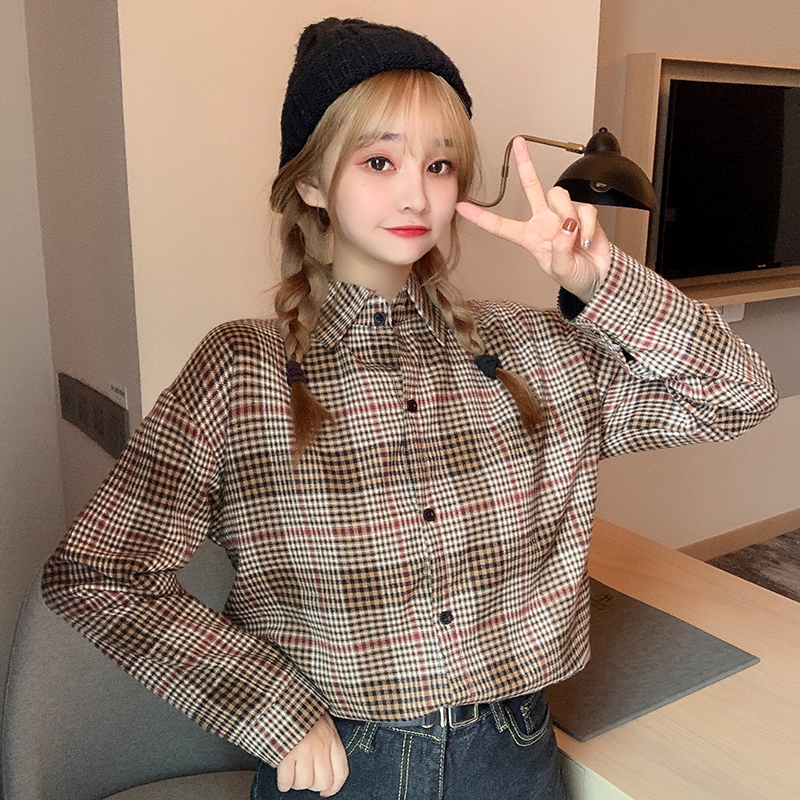 Real photo collar shirt women's design sense small Hong Kong style retro Plaid top