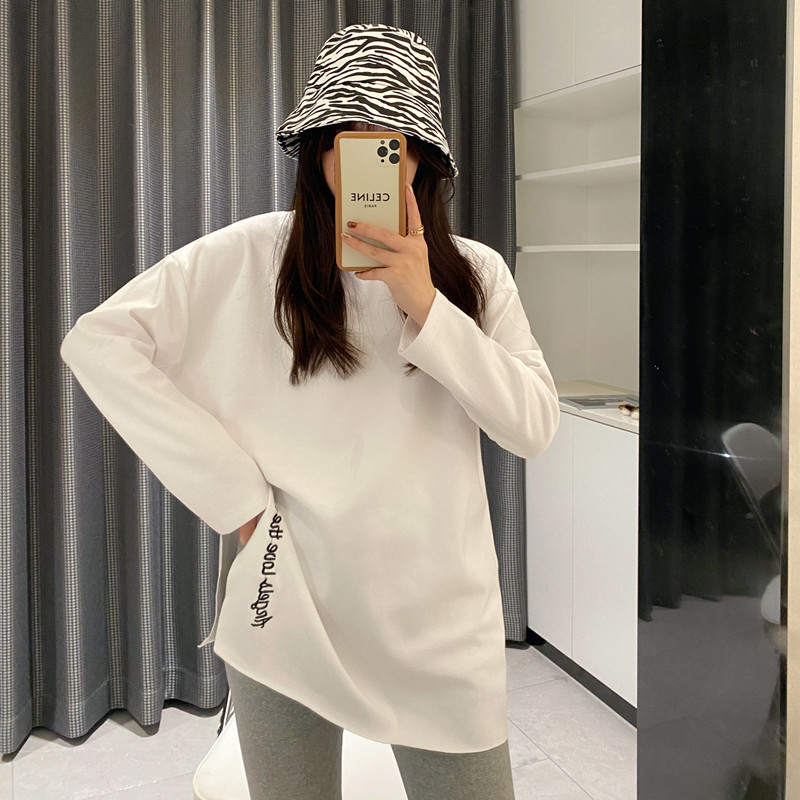 Real photo 2021 spring and autumn Derong long sleeve T-shirt women's white medium length Plush top