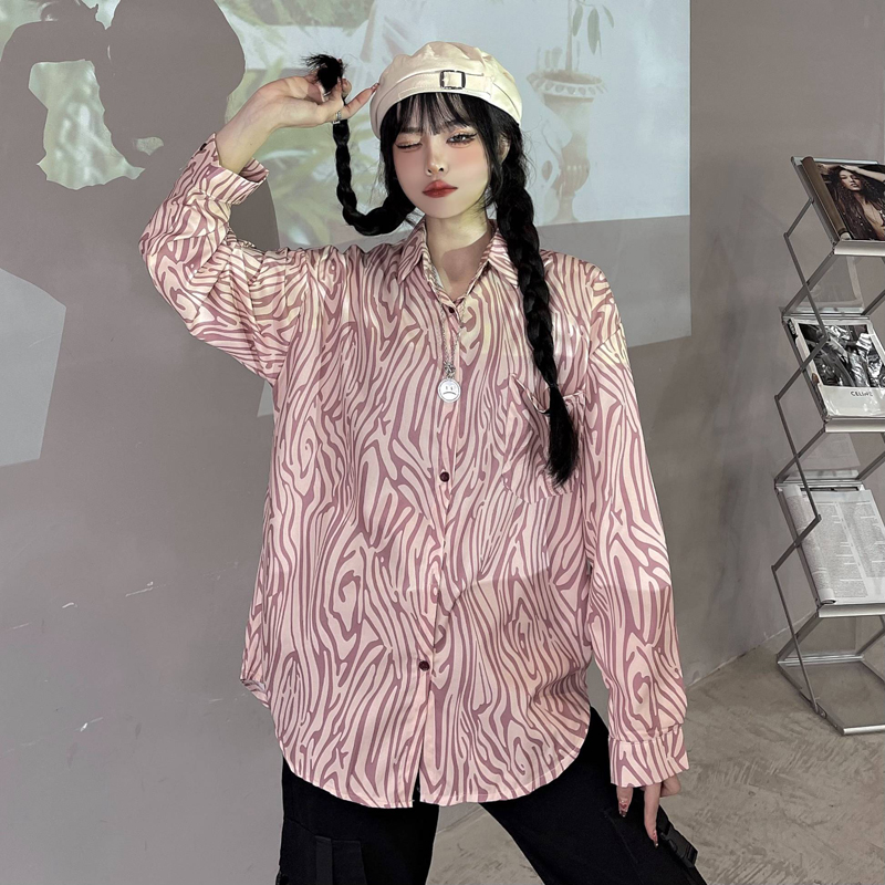 實拍設計感小眾襯衫女暗黑系長袖斑馬紋寬鬆休閒襯衣潮