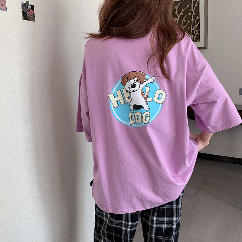 Real shot of 2021 spring mid long loose large cartoon printed short sleeve T-shirt