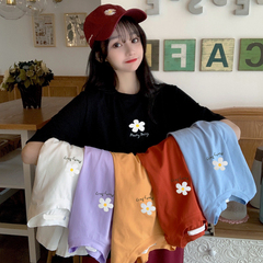 實拍 2021夏短袖t恤女印花小雛菊上衣錢夫人同款