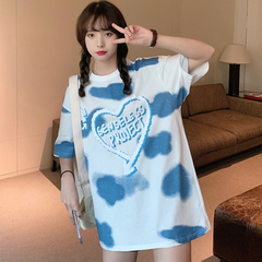 實拍夏網紅雲朵扎染愛心印花短袖恤男女寬鬆百搭半袖