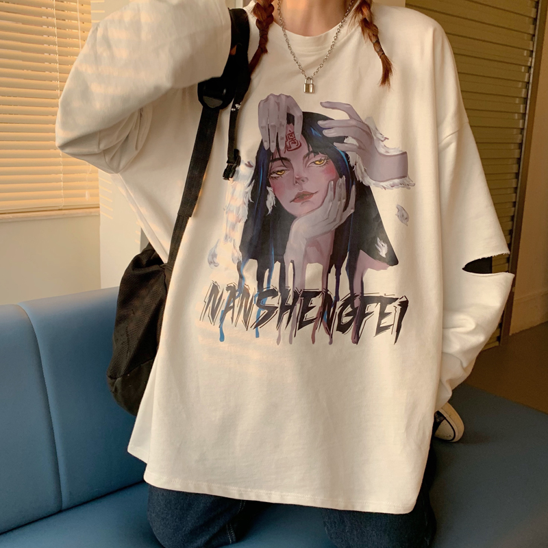 Real photo 2021 spring and autumn Korean Edition 3D printing fake two loose T-shirt long sleeve blouses