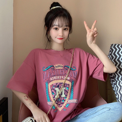 實拍 2021夏短袖t恤女中長款字母半袖上衣印花