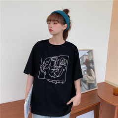 實拍  2021夏洋氣黑色怪味塗鴉設計感上衣小眾簡約短袖女潮
