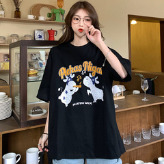 實拍夏裝寬鬆大碼短袖女印花恤