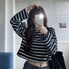 Real shot spring new Korean loose long sleeve T-shirt with striped collar button