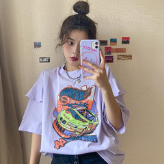 Real photo 2021 summer new lace sleeves Korean loose and versatile short sleeve T-shirt