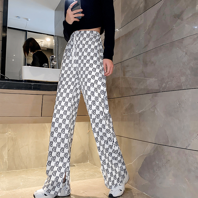 Real shot elastic waist letter printing casual pants women's versatile wide leg pants show thin split pants