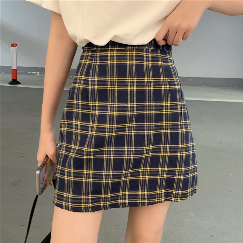 Real shot summer zipper plaid skirt with high waist and buttocks skirt