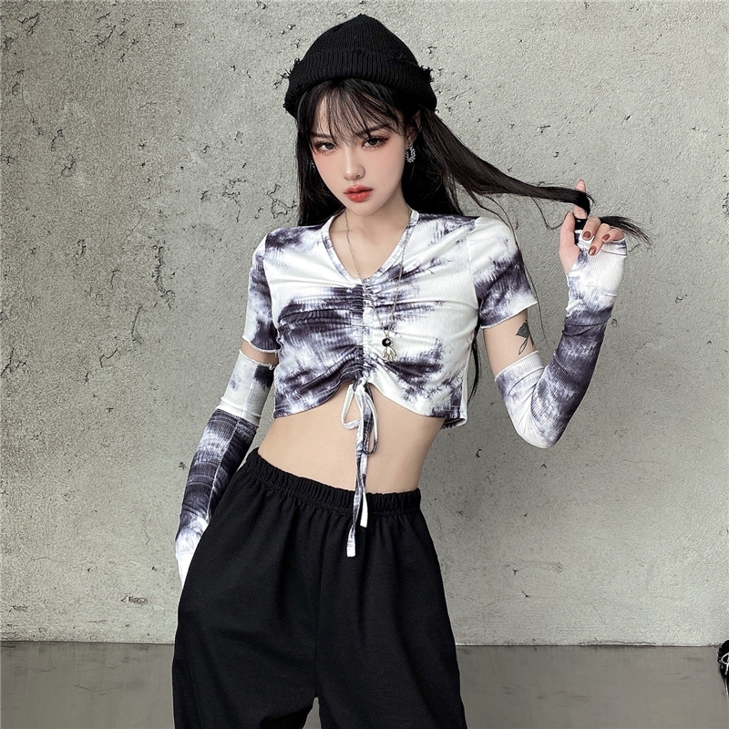 Real shot of Guochao drawstring tie dyed top women's short 2021 summer new design sense splicing sleeve T-shirt fashion