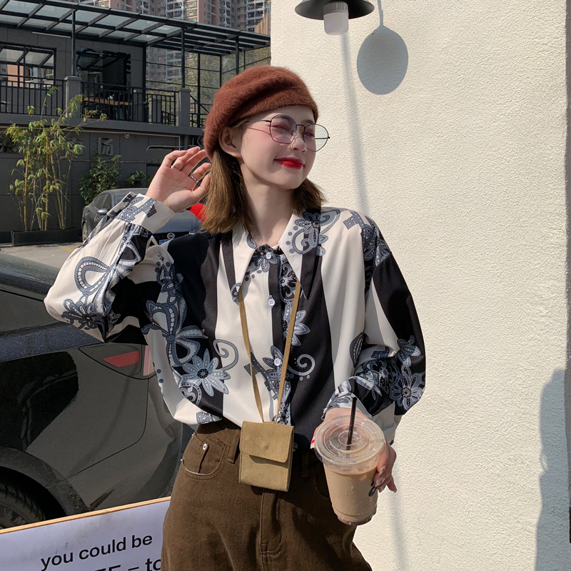 Real shot of New Retro Hong Kong Style loose medium length salt series versatile Long Sleeve Shirt Top