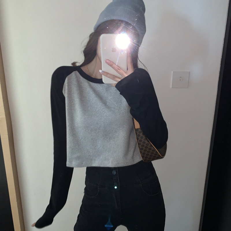 Real shot spring cotton long sleeve T-shirt women's high waist short slim color matching top