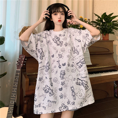 實拍2021夏小熊短袖T恤女寬鬆滿地印花韓版