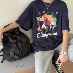 實拍 2021夏裝學院風手繪卡通印花寬鬆短袖T恤女