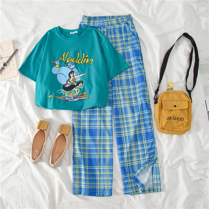 Real photo 2021 net red same leisure suit women's Hong Kong Style Short Sleeve T-Shirt + wide leg pants two piece set