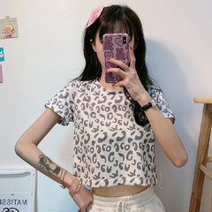 實拍 韓國短袖2021夏款短款露臍上衣休閒豹紋ins