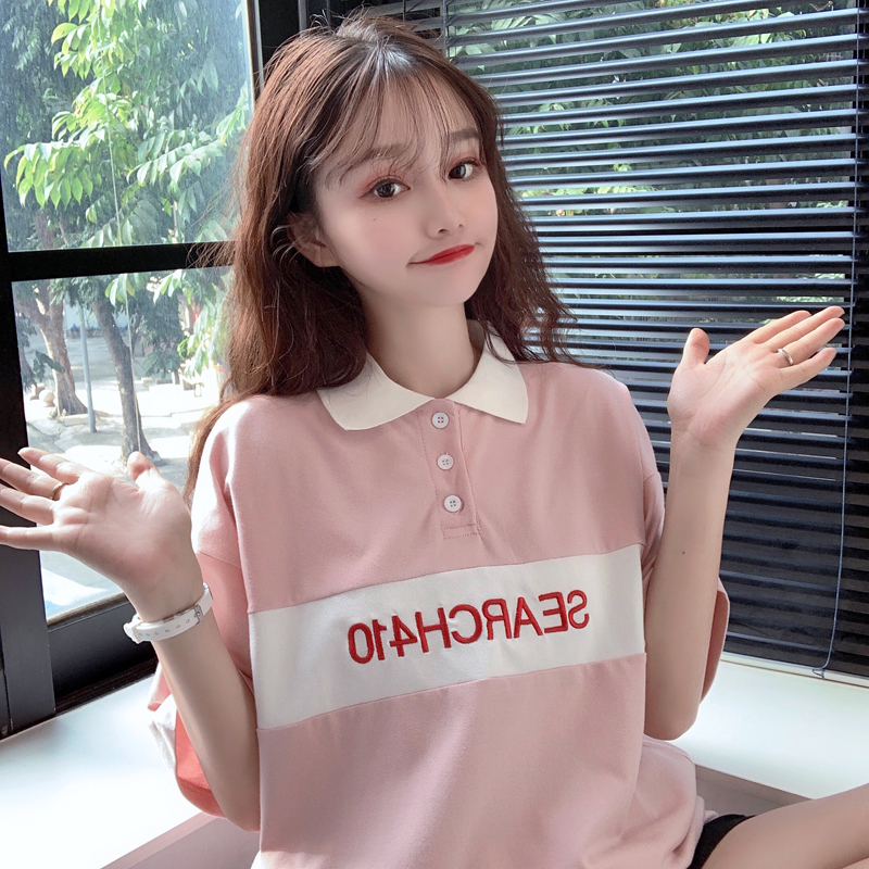 Photo 2021 summer polo collar short sleeve T-shirt women's Lapel top medium length embroidery