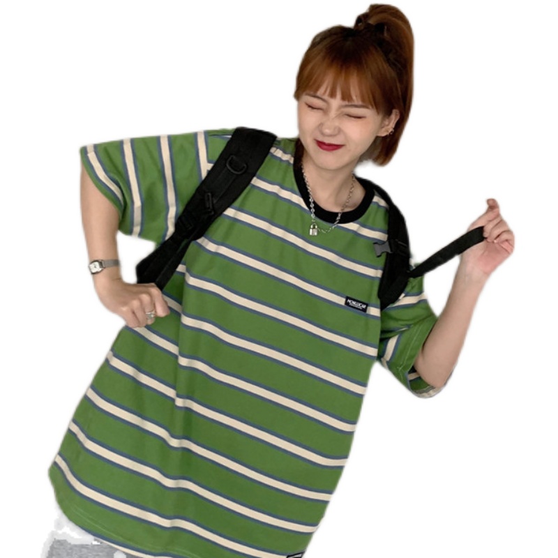 Real shot 2021 summer Korean loose harbor style green stripe tide brand short sleeve T-shirt super fire top girl