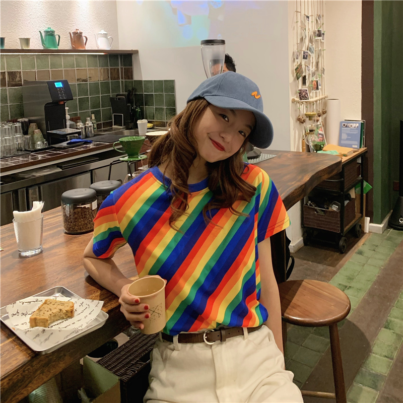 Design of real shot summer stripe rainbow T-shirt women's net red short sleeve top