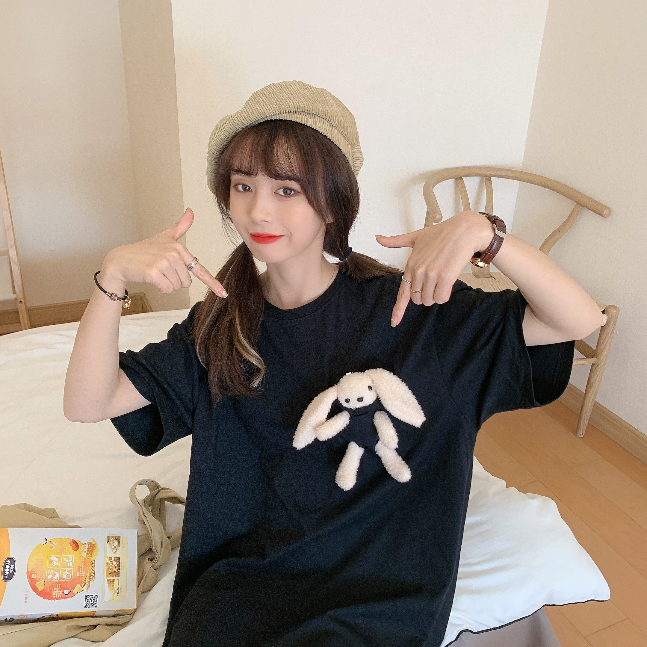 Real shot 2021 summer pocket hole short sleeve t-shirt female Japanese Doll Top Female