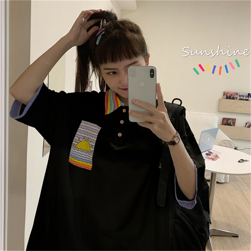 Real shot 2021 summer color polo collar Rainbow Stripe printed short sleeve T-shirt for women