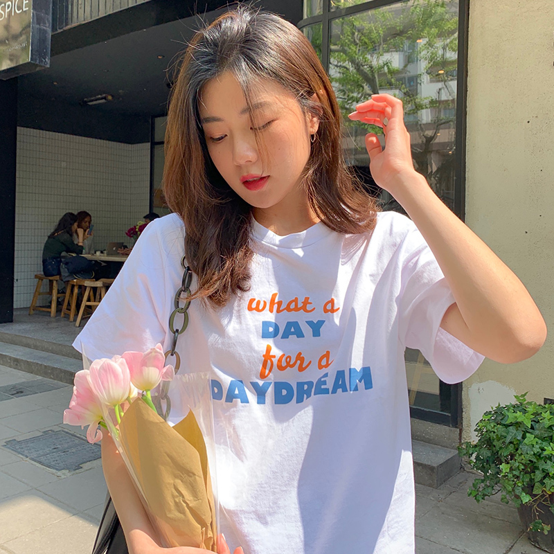 Real shot pure cotton etched net red new loose letter printed short sleeve T-shirt