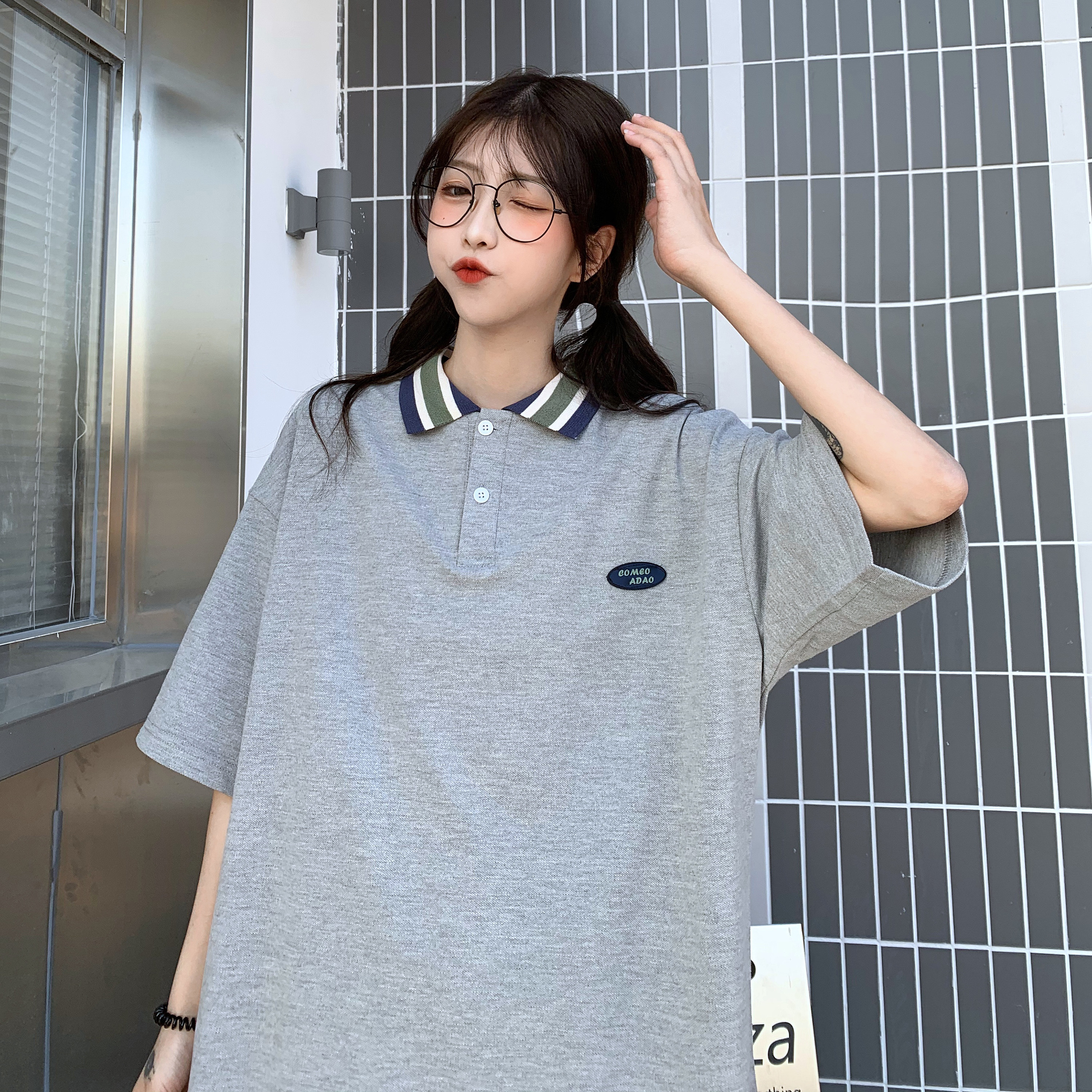 實拍2021夏裝拼接Polo字母刺繡短袖T恤女