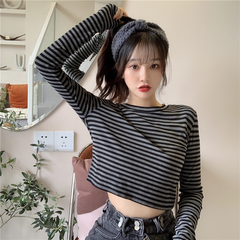 Real photo 2021 spring and autumn short long sleeve top women's striped T-shirt