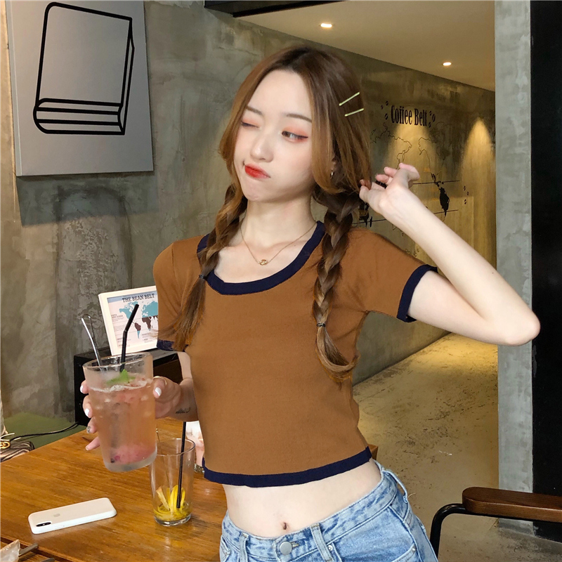 實拍實價不減夏撞色修身冰絲短袖針織衫女短款