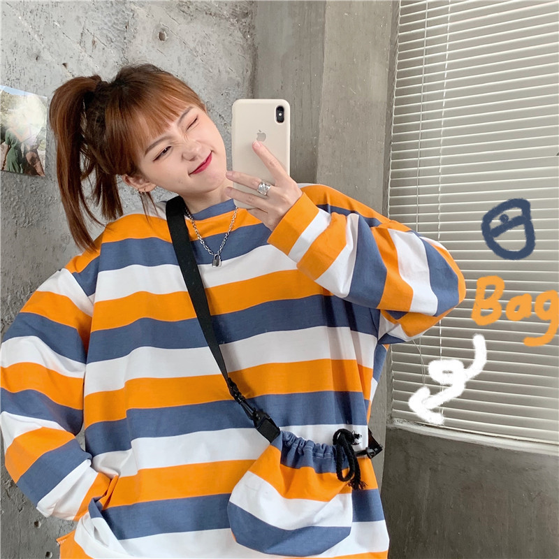 Real photo 2021 early spring striped top and tide salt round neck Pullover loose sweater coat