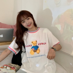 實拍夏裝新品小熊印花螺紋拼接短袖恤女