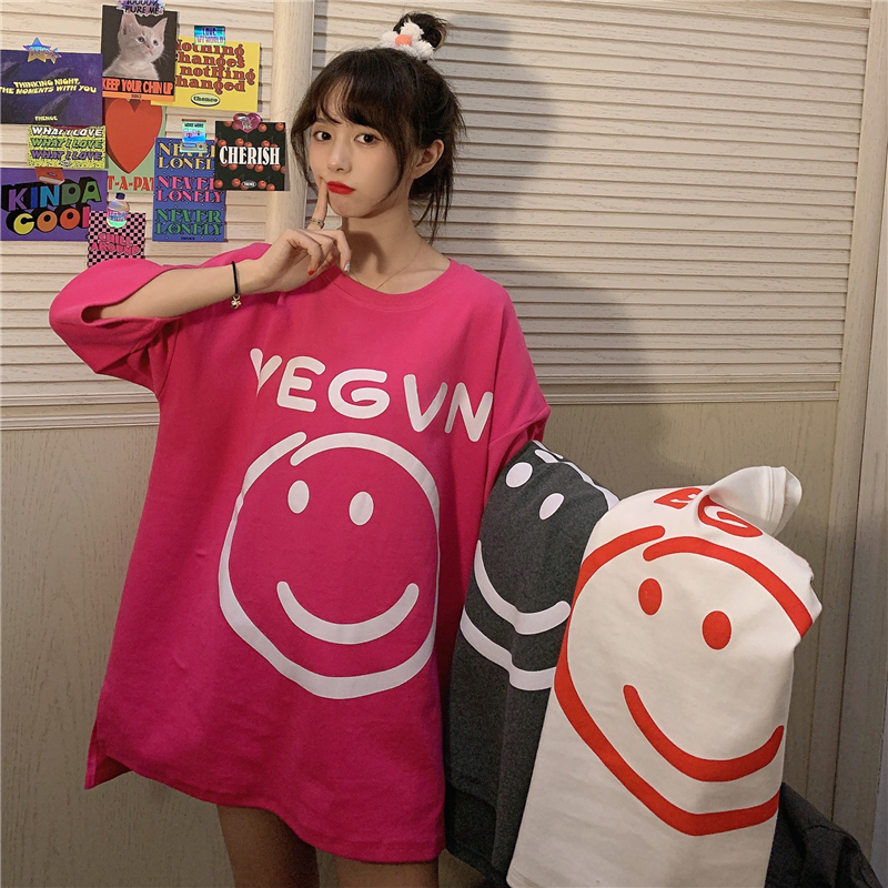 Real photo 2021 summer smiley face cartoon printed short sleeve T-shirt women's loose large medium length