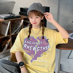 實拍 2021夏學院風手繪卡通印花寬鬆短袖T恤女