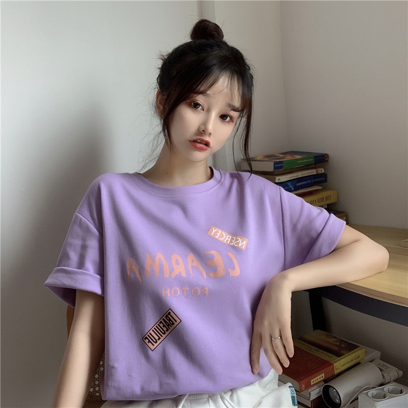 實拍實價不減 夏裝短袖T恤女百搭印花學生上衣設計感小眾