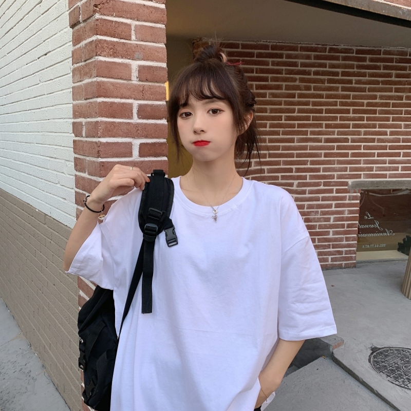 Real shot 2021 summer new product candy color short sleeve T-shirt women's medium length solid color