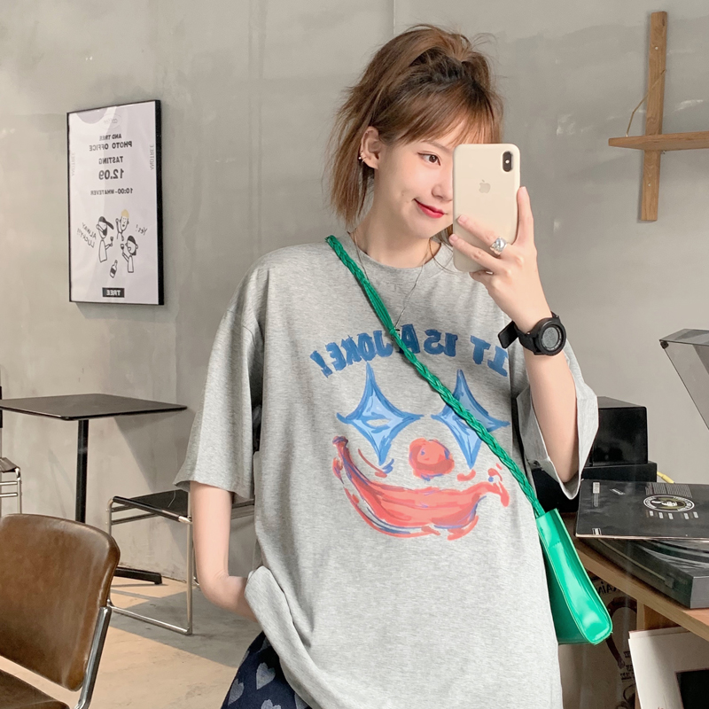 Real shot 2021 Summer Academy style hand painted cartoon print loose short sleeve t-shirt female