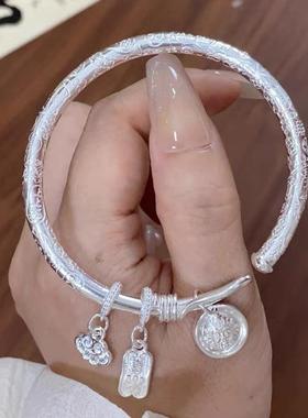 足银999纯银手镯女黄财神平安喜乐实心银镯子新中式国风款